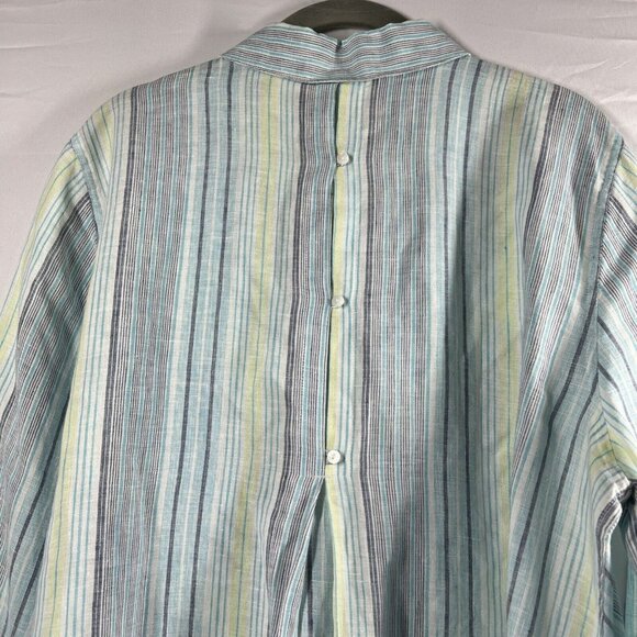 Chico's Women's Tunic Blouse Size Large Linen Blue Green Stripe 100% No Iron 3/4 - Picture 6 of 8